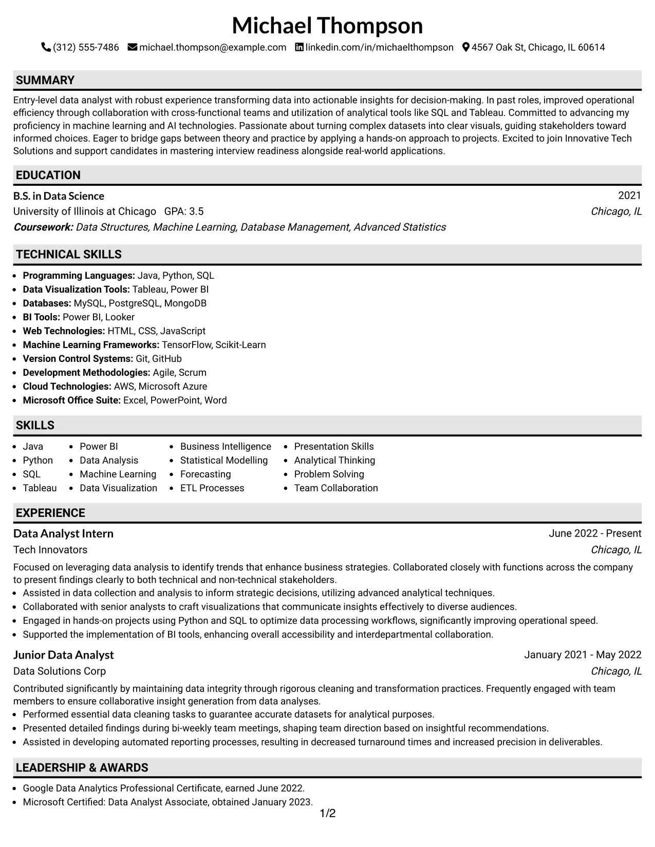 Resume Example Page 1