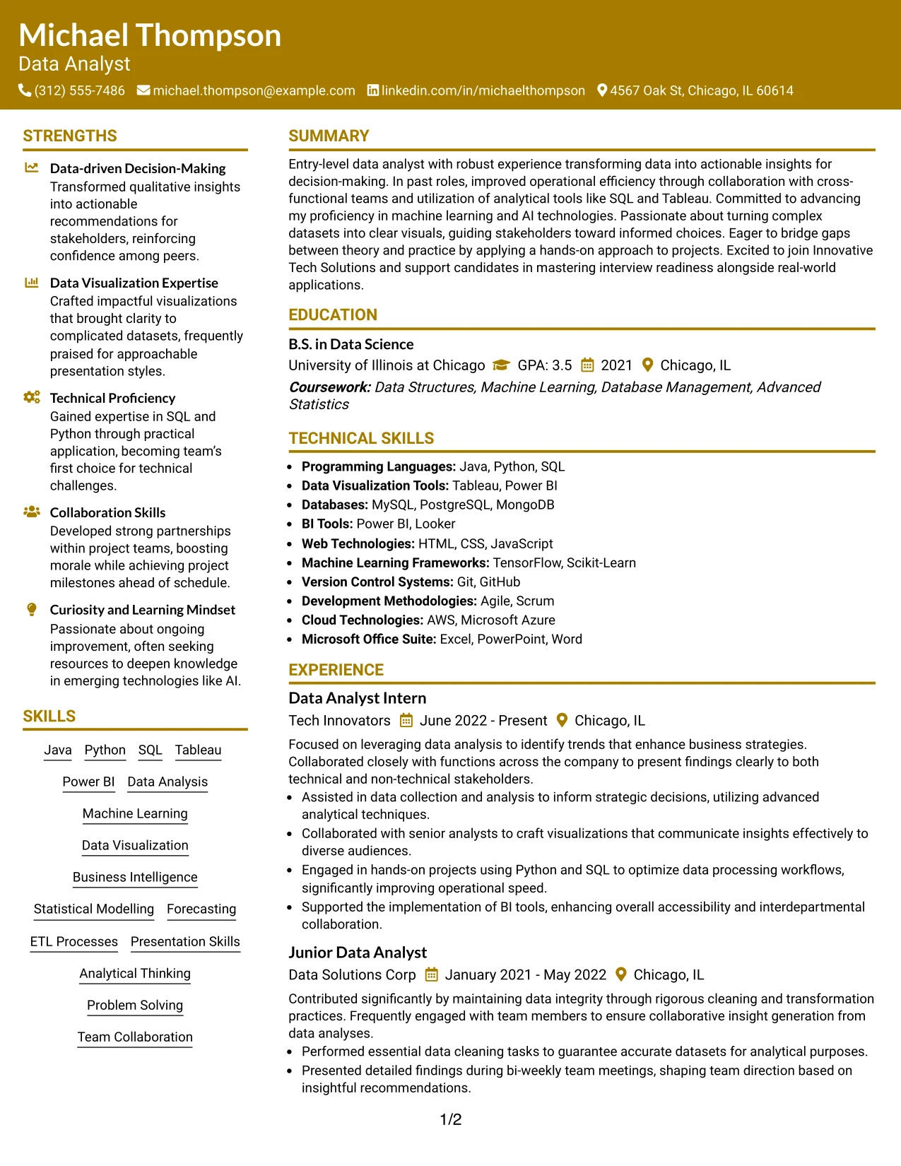 Resume Example Page 1