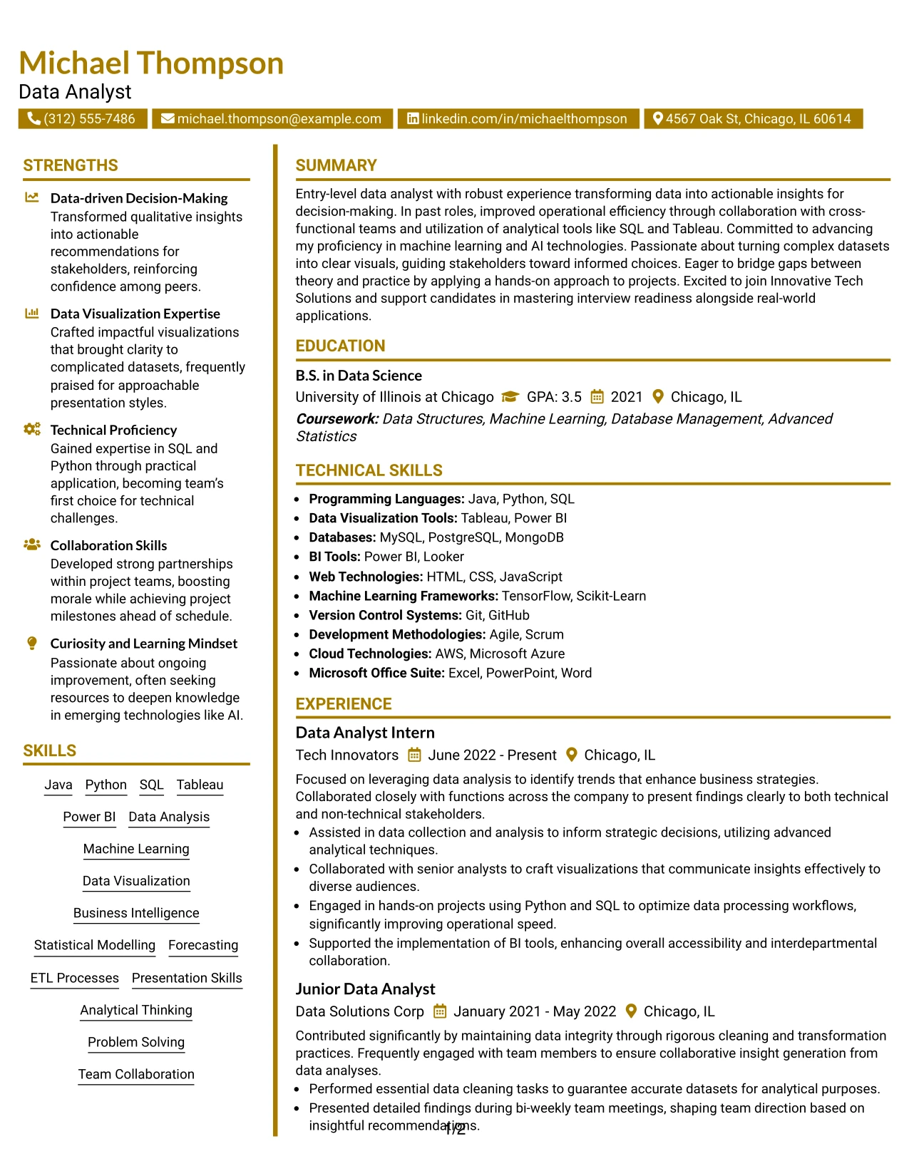 Resume Example Page 1