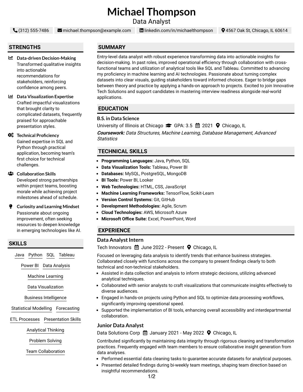 Resume Example Page 1