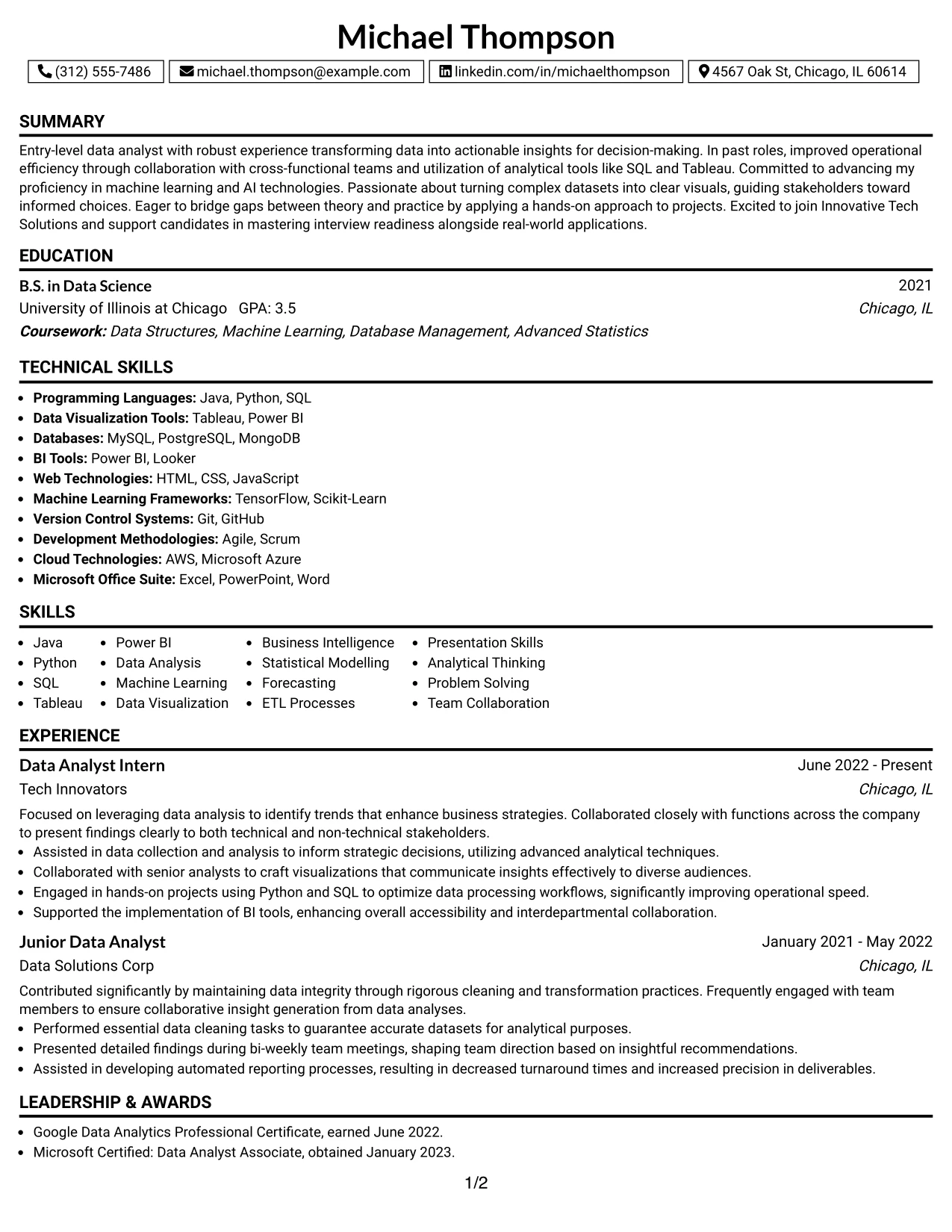 Resume Example Page 1