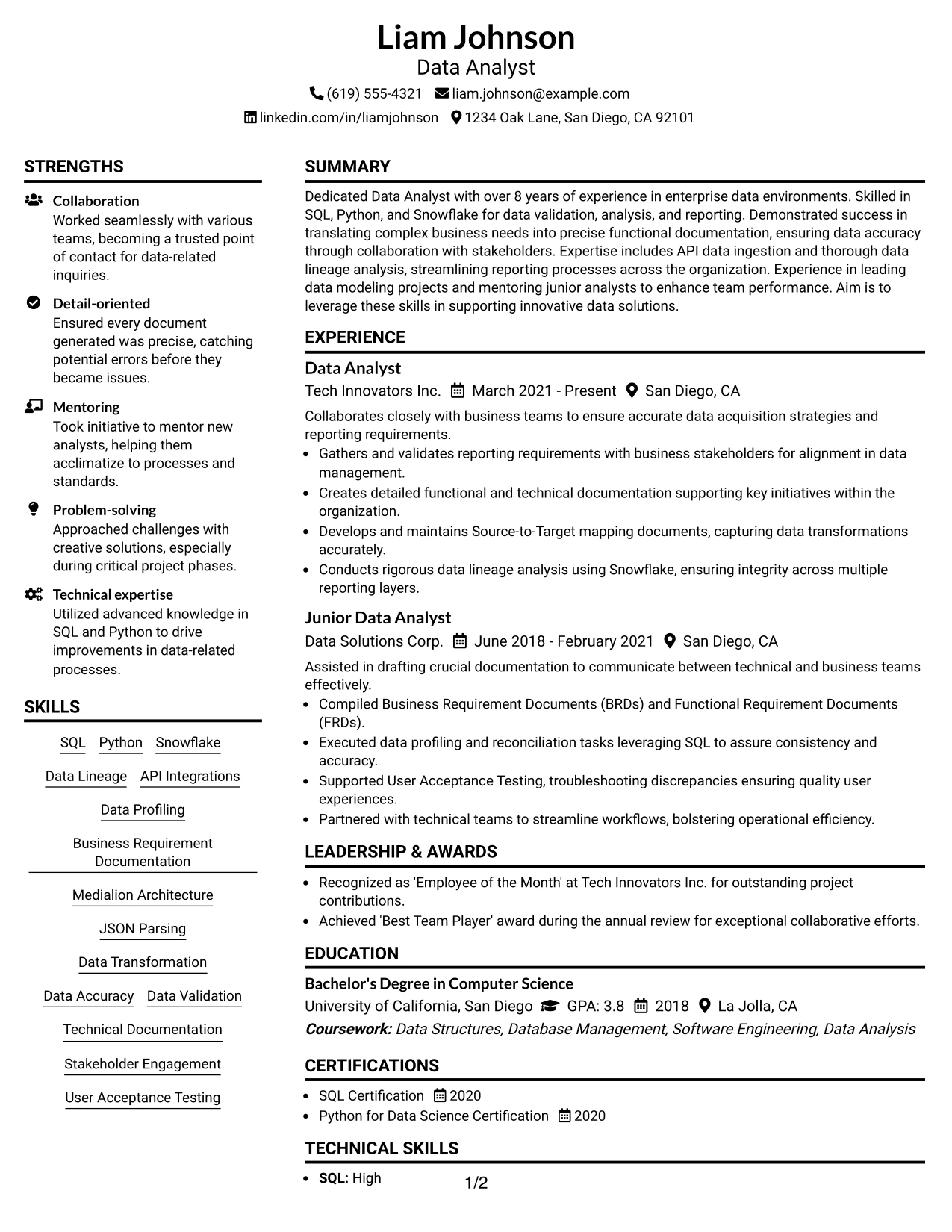 Resume Example Page 1