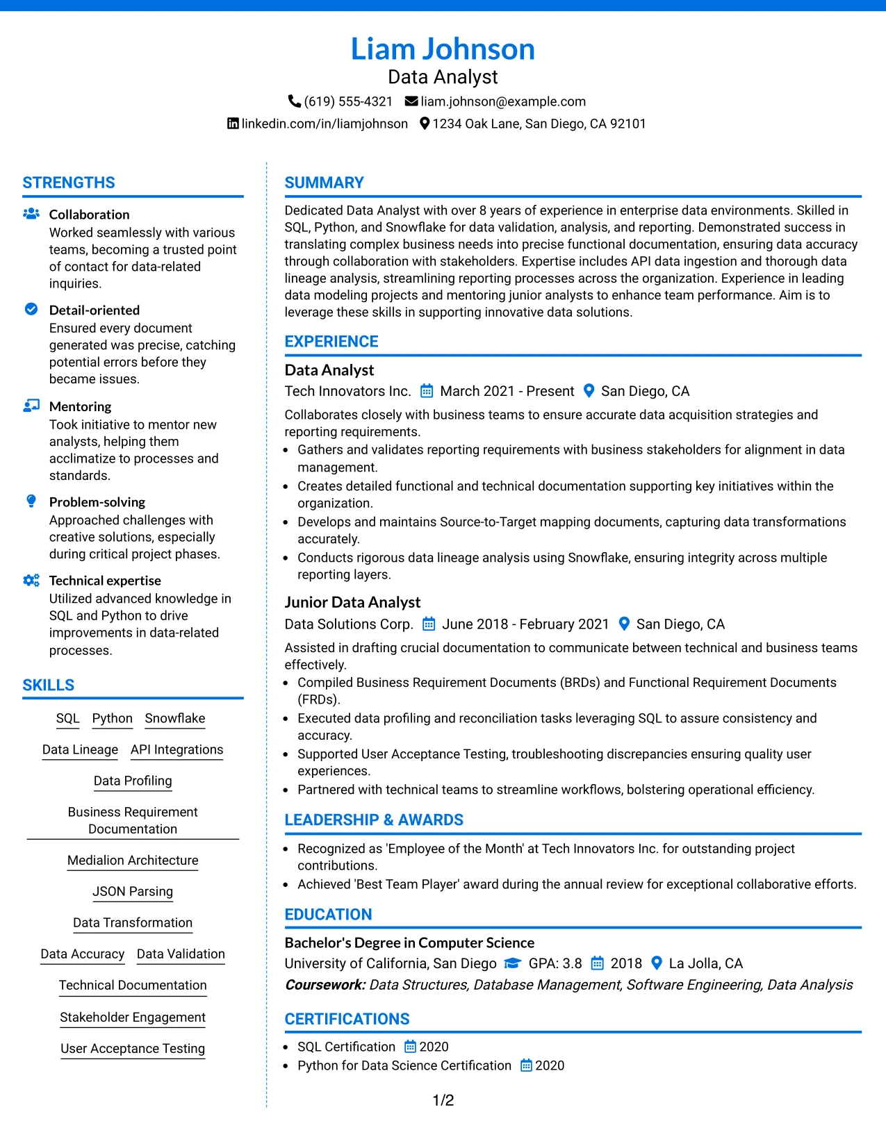 Resume Example Page 1