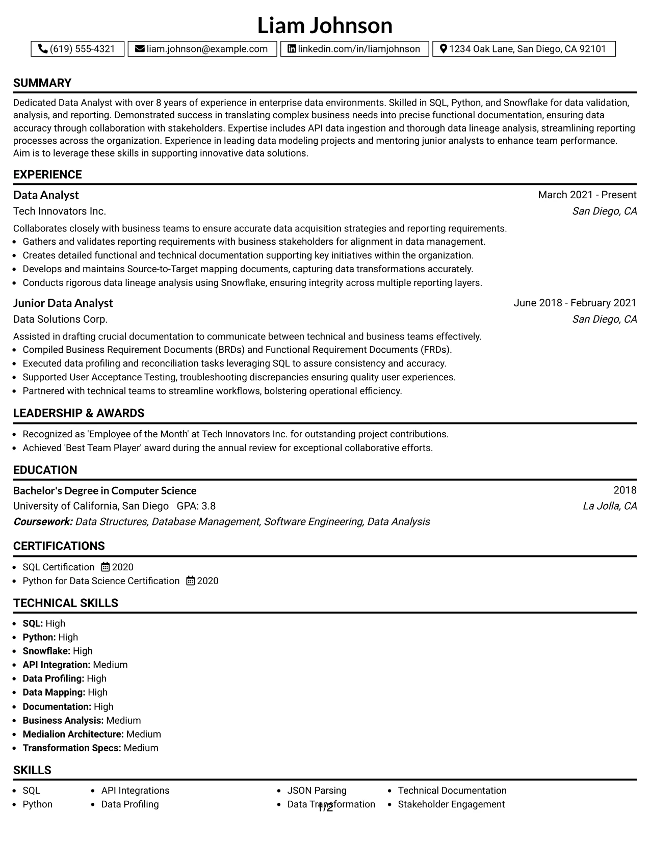 Resume Example Page 1
