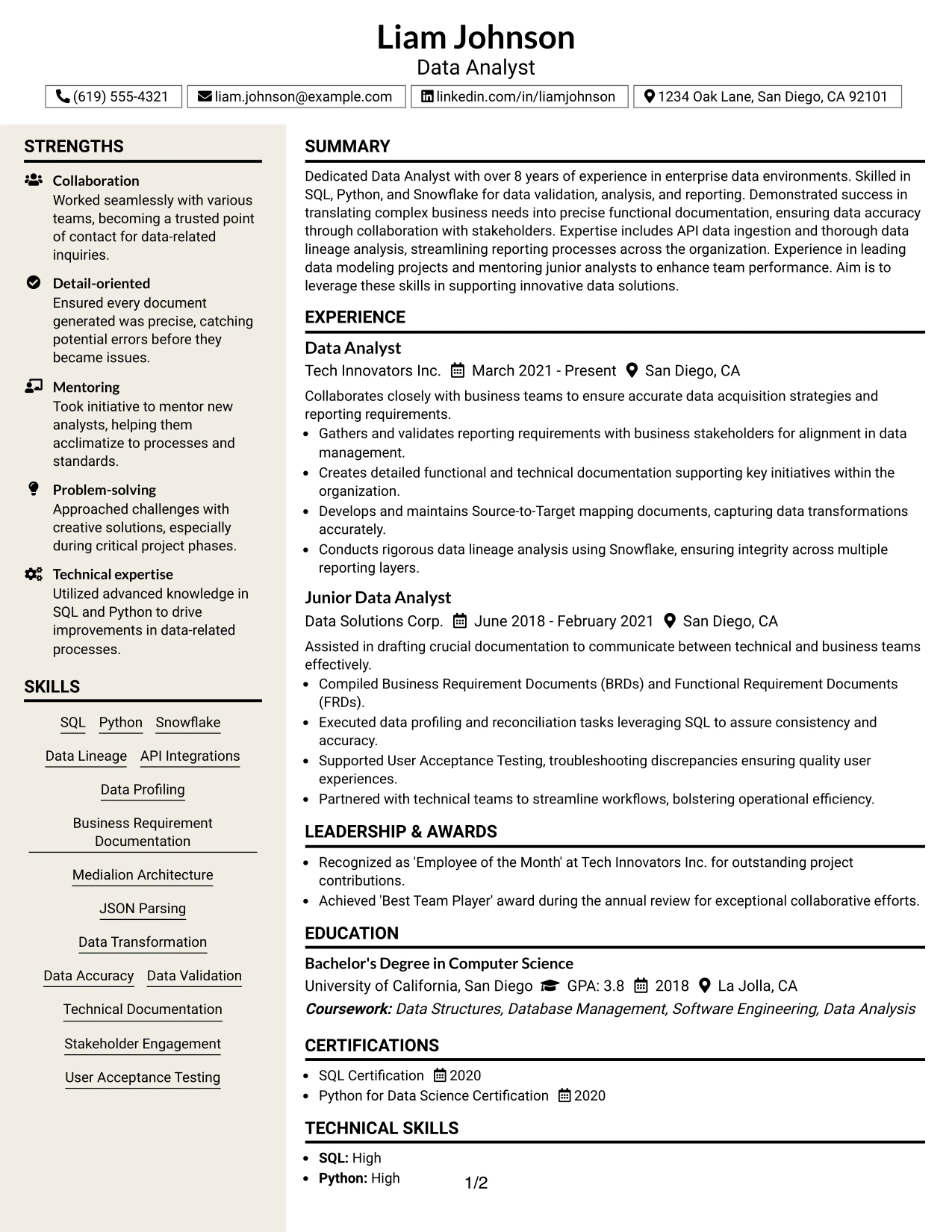 Resume Example Page 1