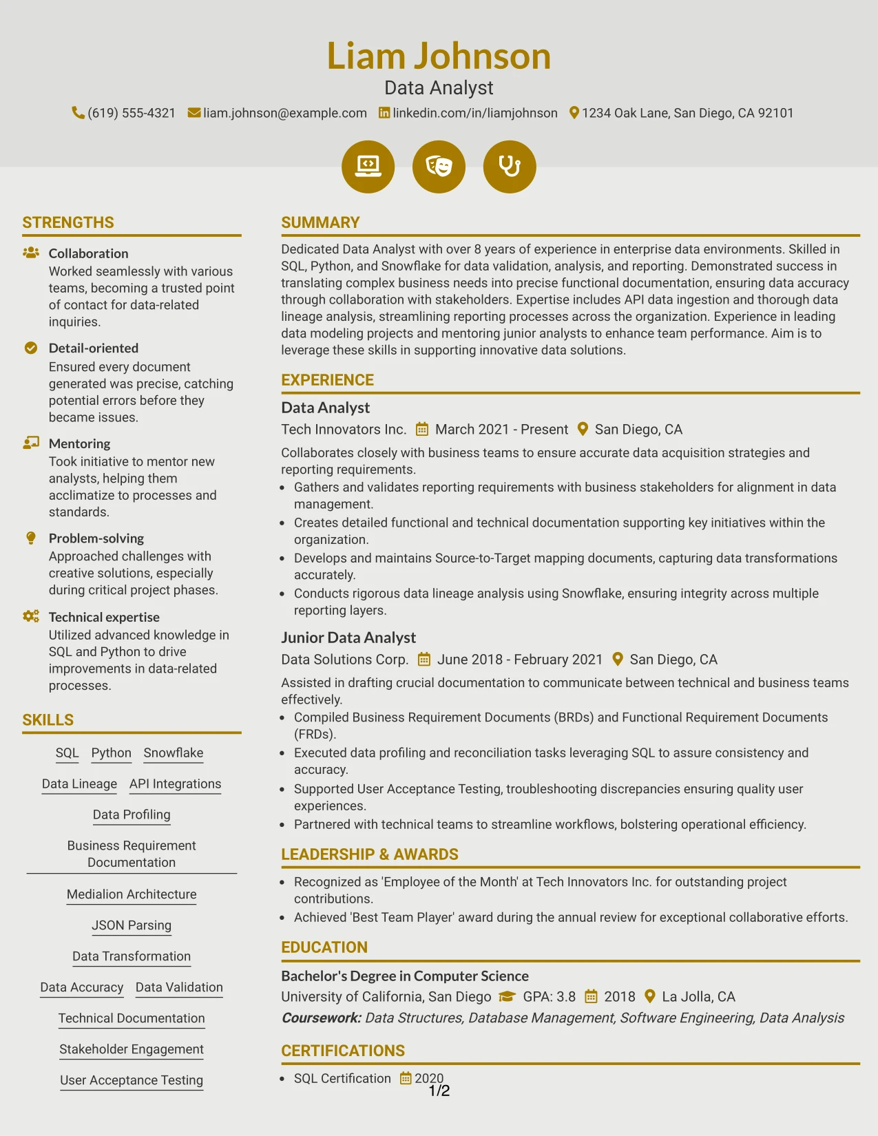 Resume Example Page 1