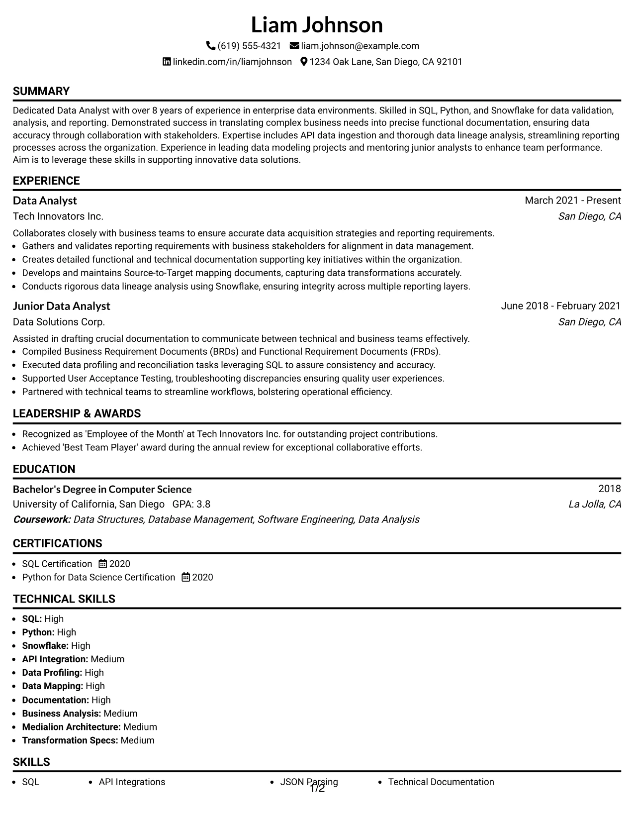 Resume Example Page 1