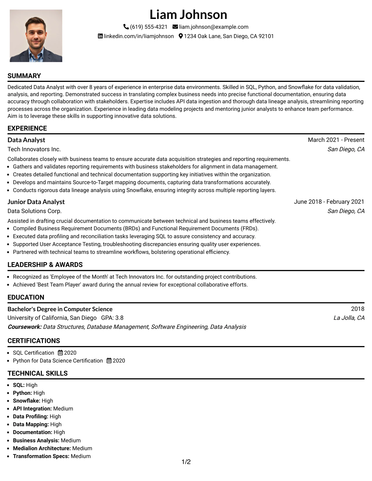 Resume Example Page 1