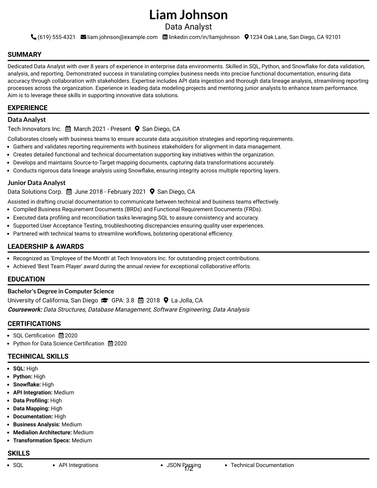 Resume Example Page 1