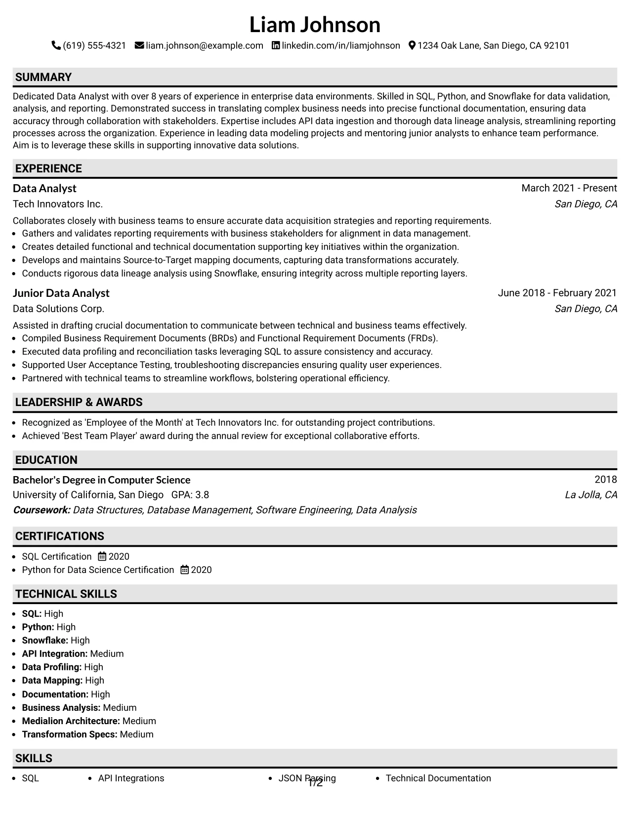 Resume Example Page 1