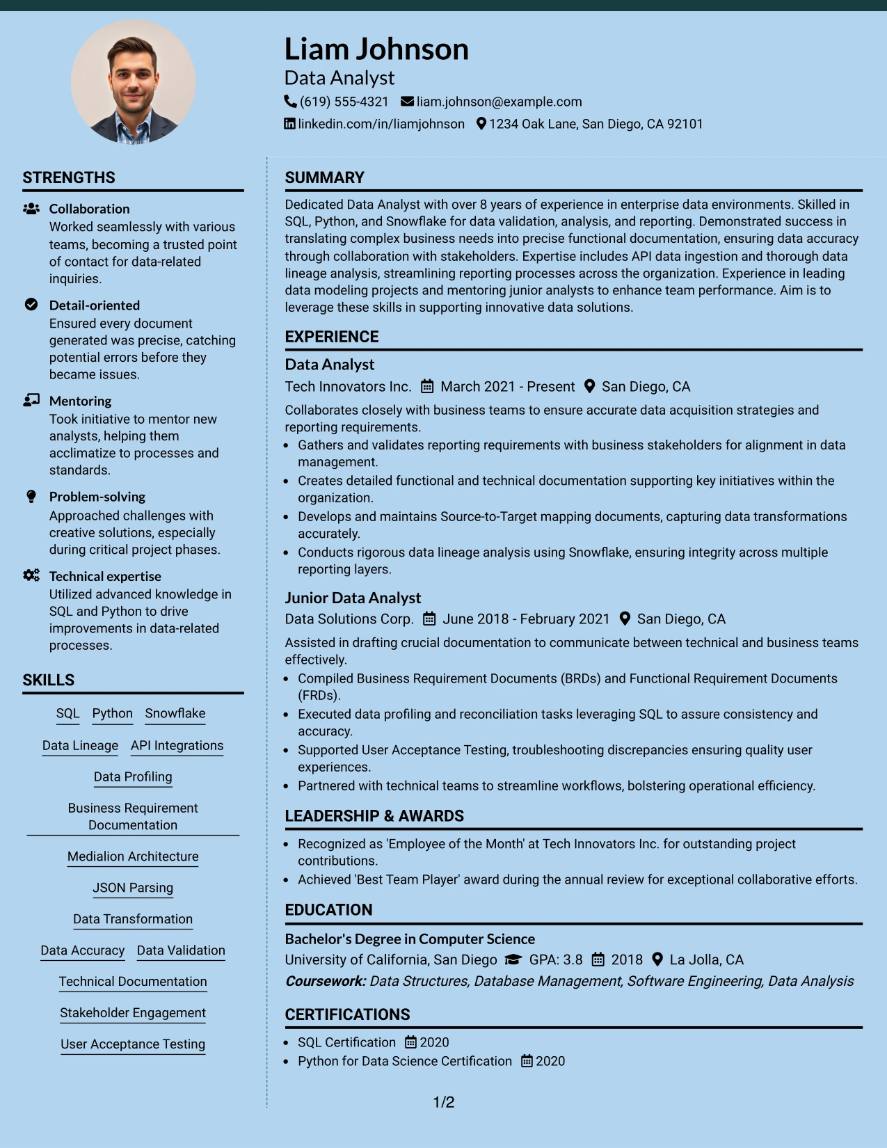 Resume Example Page 1