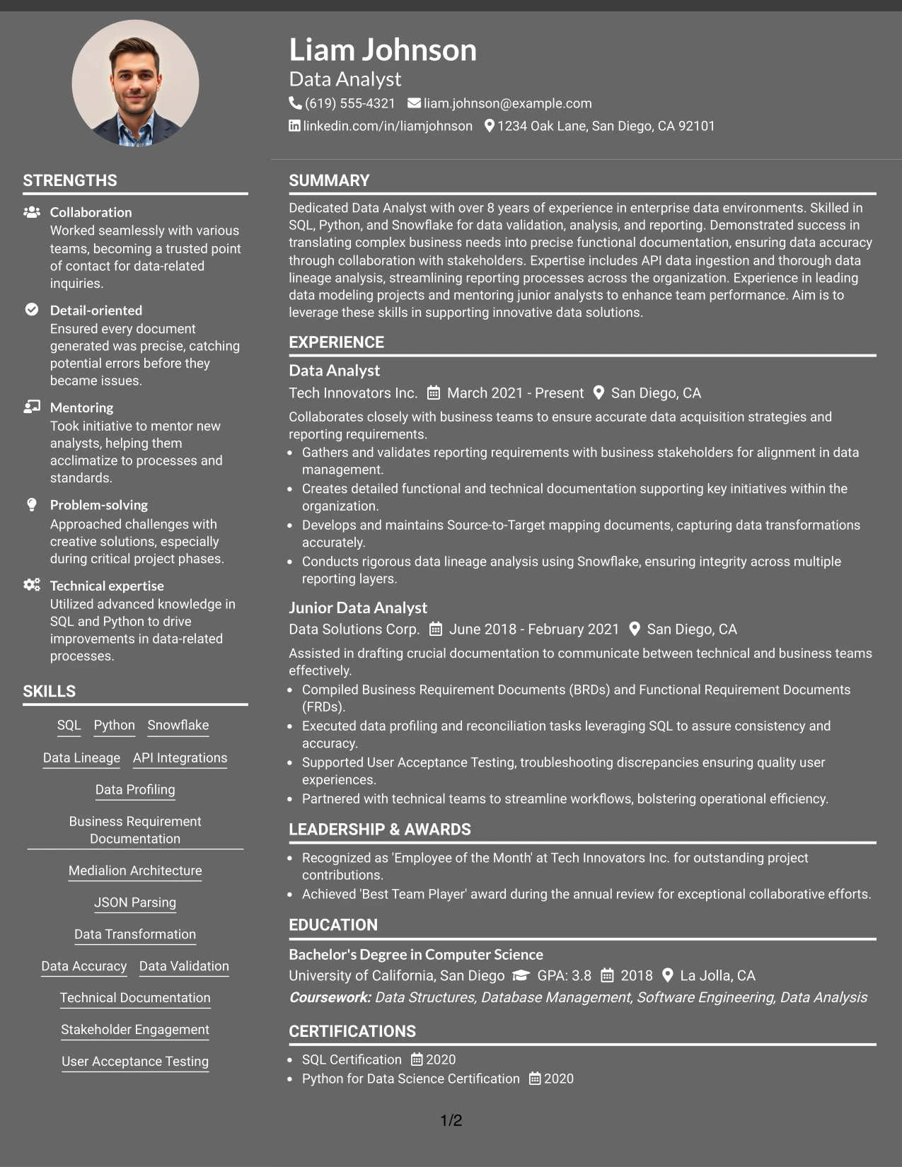 Resume Example Page 1