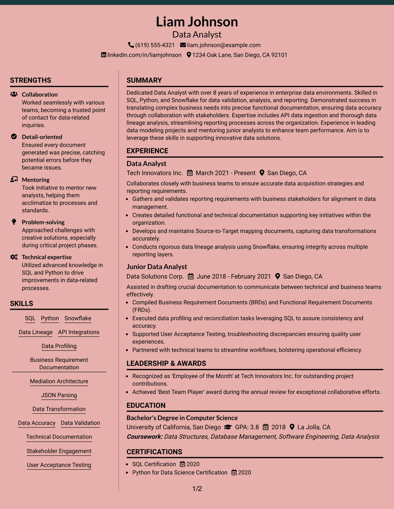 Resume Example Page 1