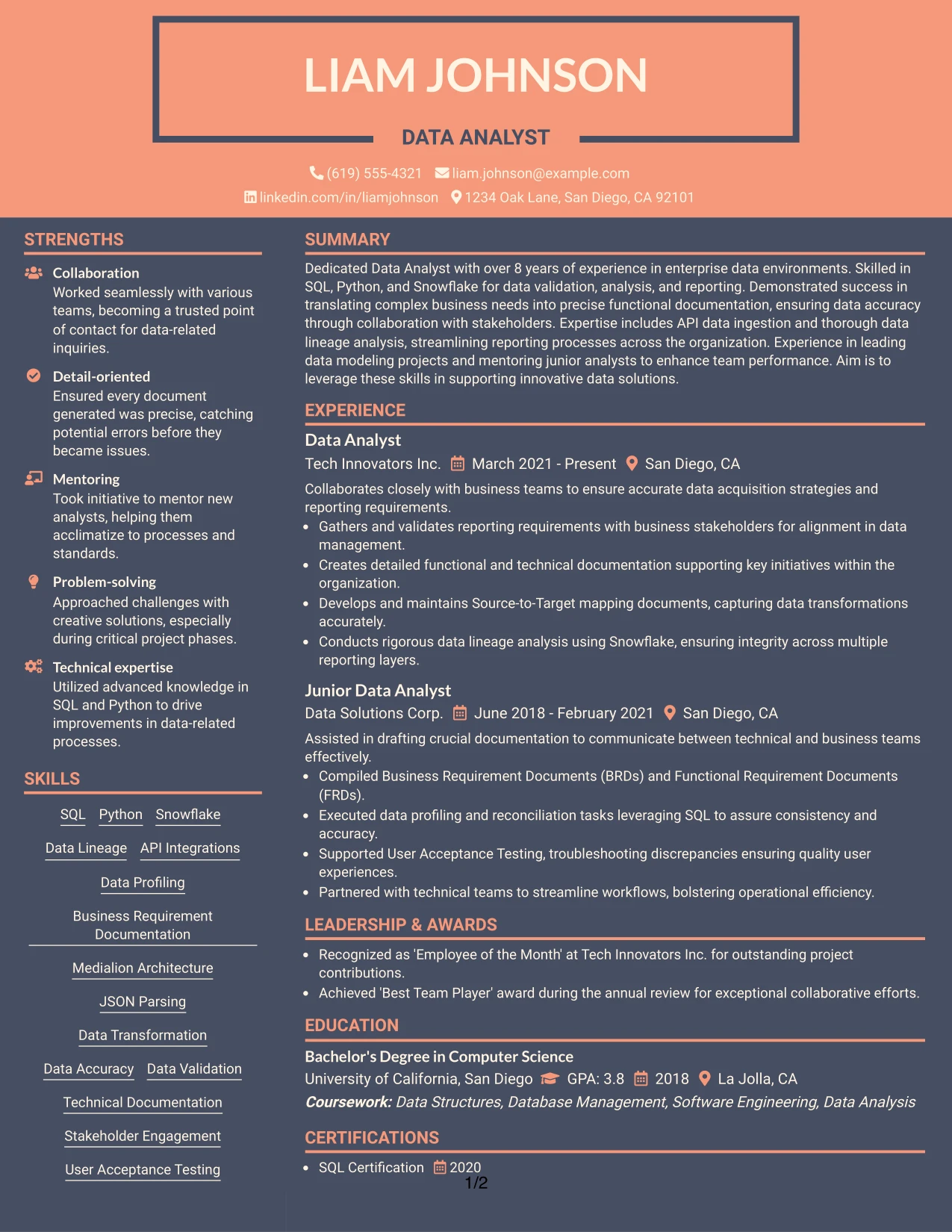 Resume Example Page 1
