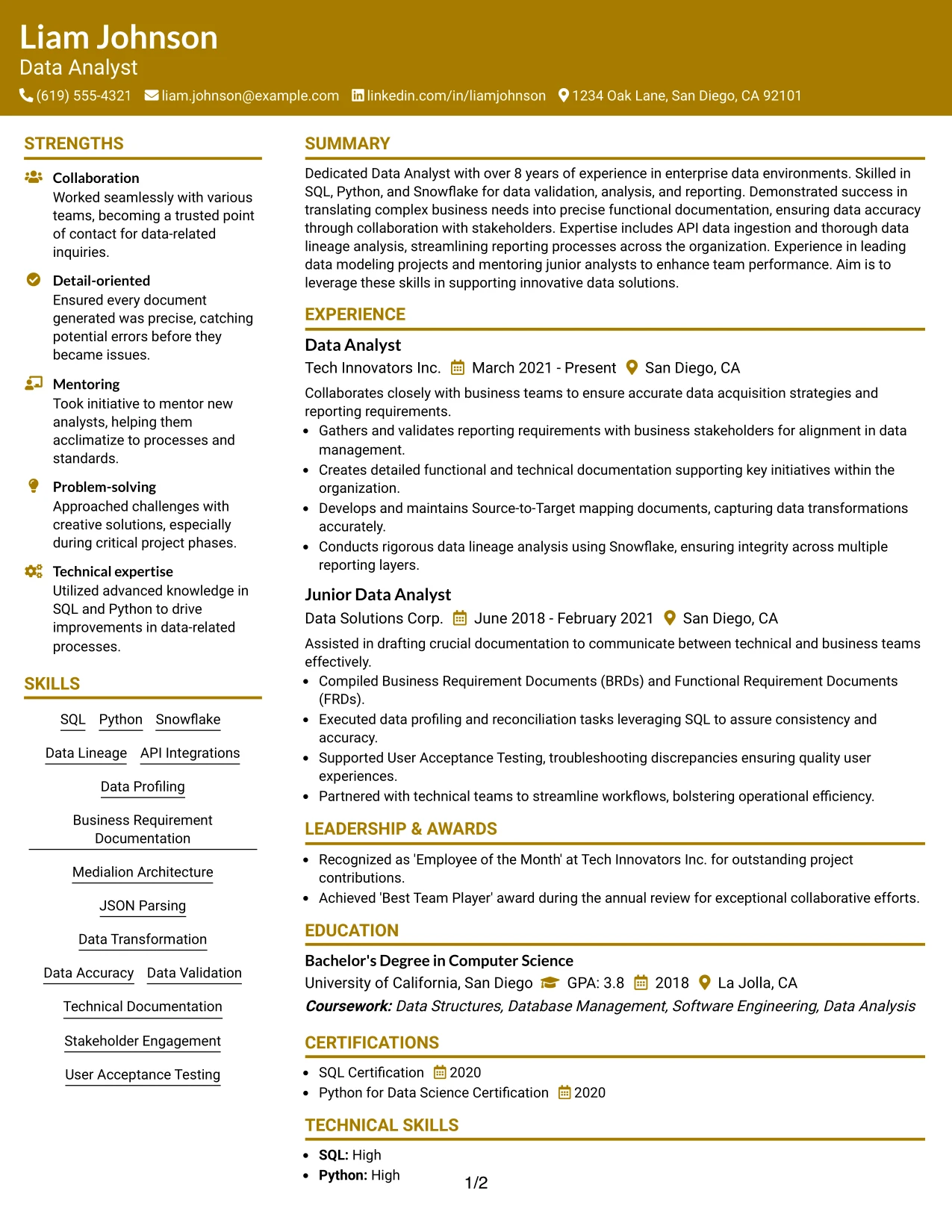 Resume Example Page 1