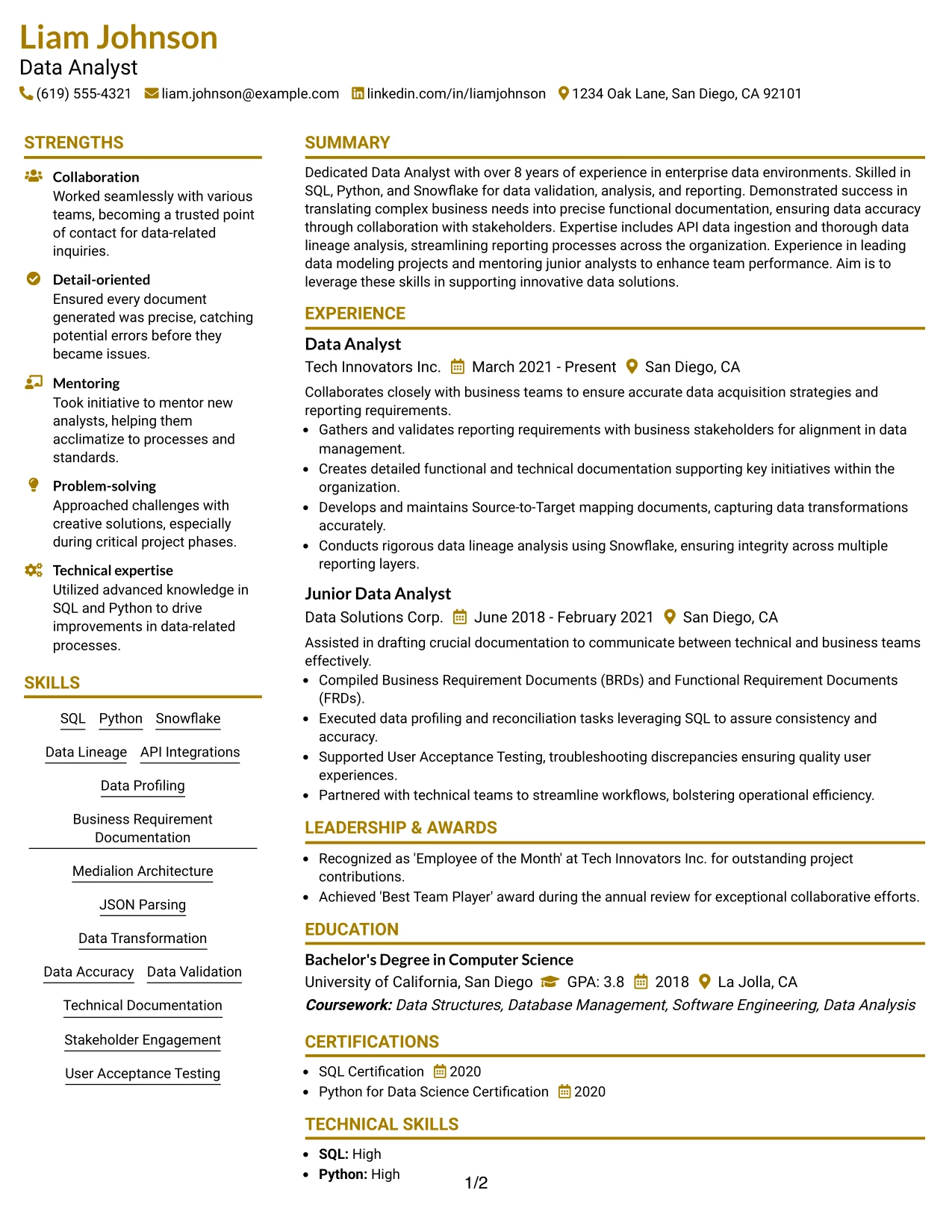 Resume Example Page 1