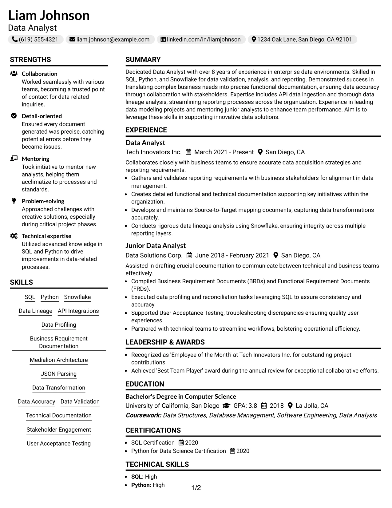 Resume Example Page 1