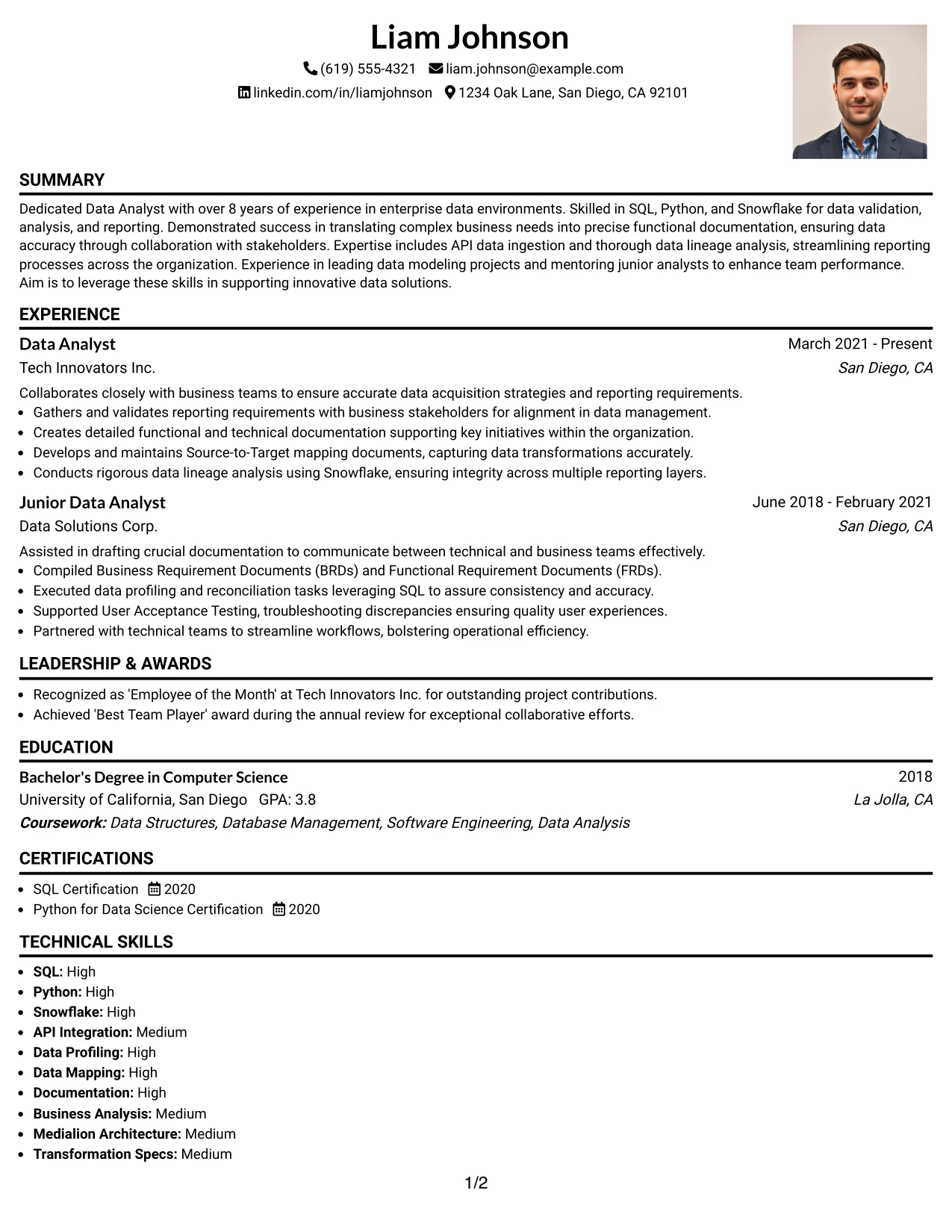 Resume Example Page 1