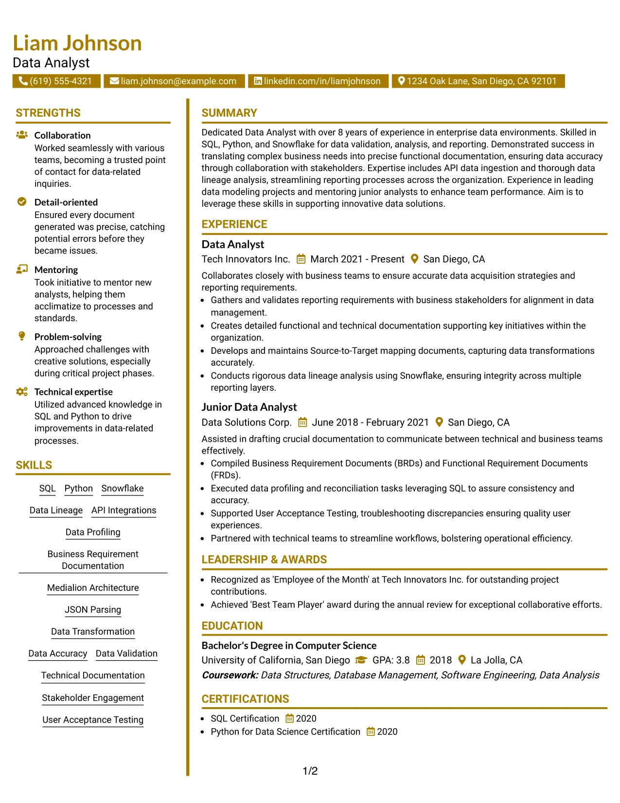 Resume Example Page 1