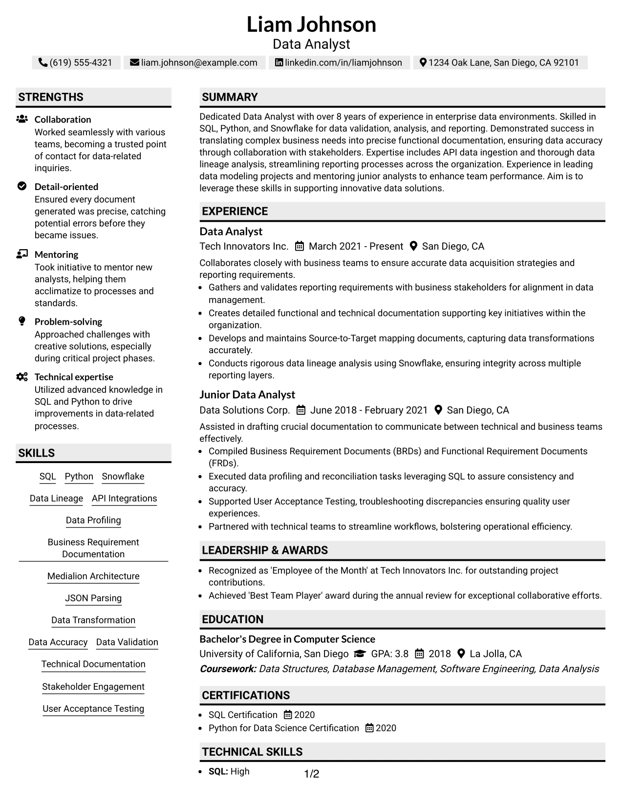 Resume Example Page 1