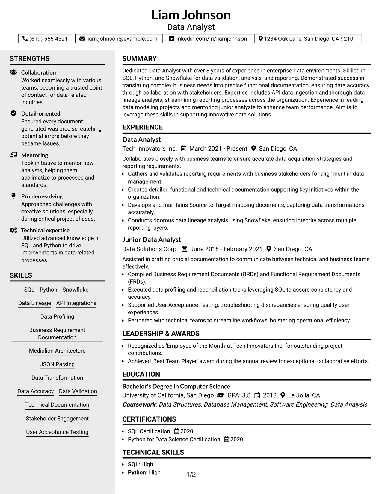 Resume Example Page 1