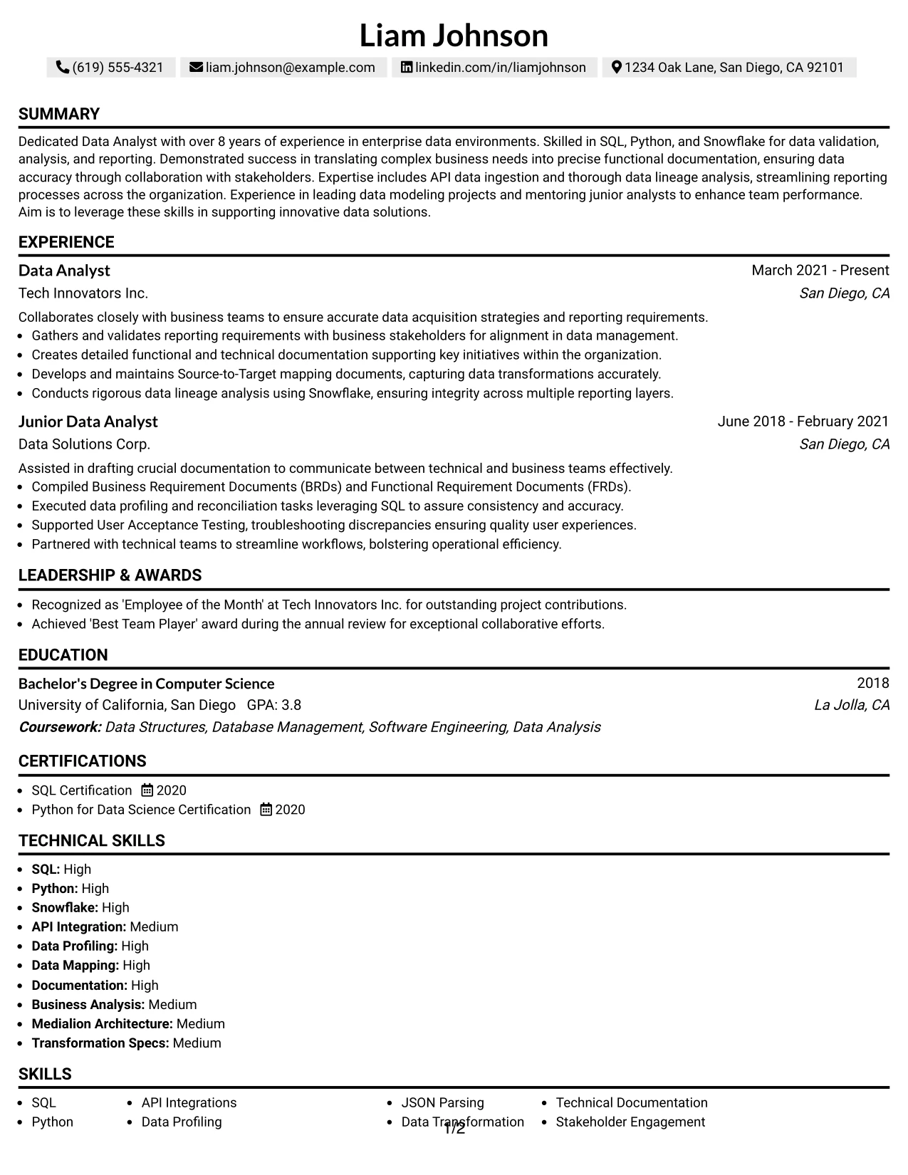 Resume Example Page 1