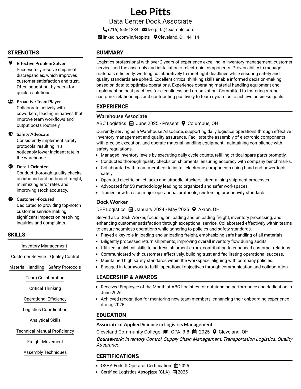 Resume Example Page 1