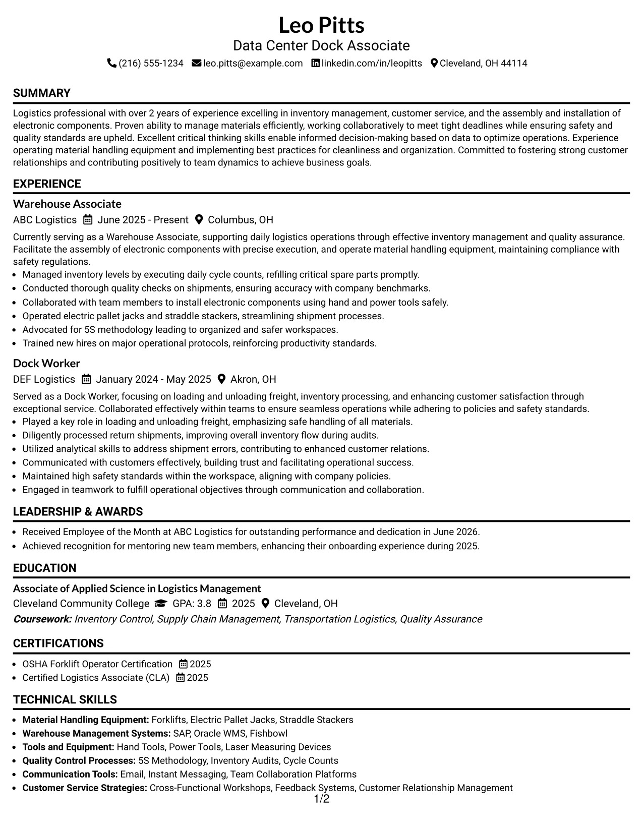 Resume Example Page 1