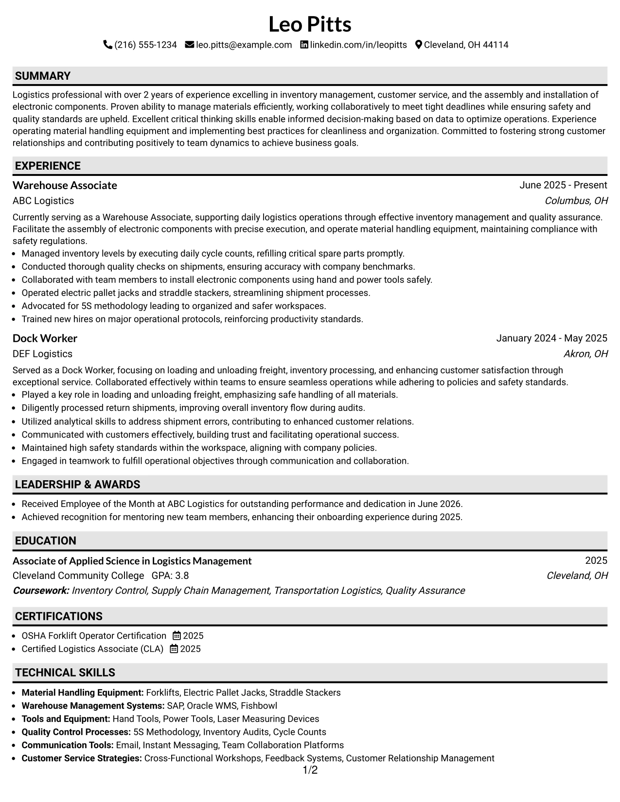 Resume Example Page 1