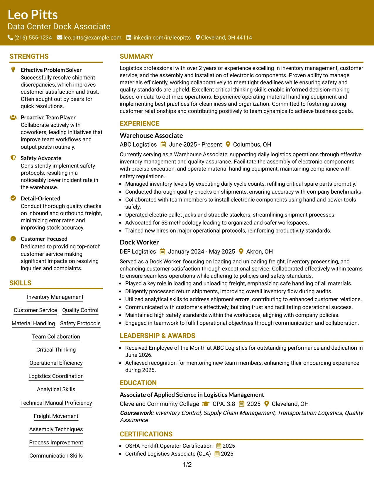 Resume Example Page 1