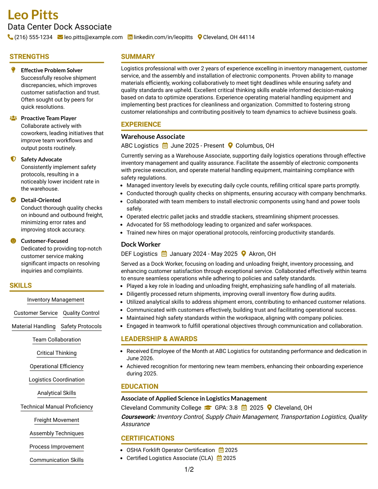 Resume Example Page 1
