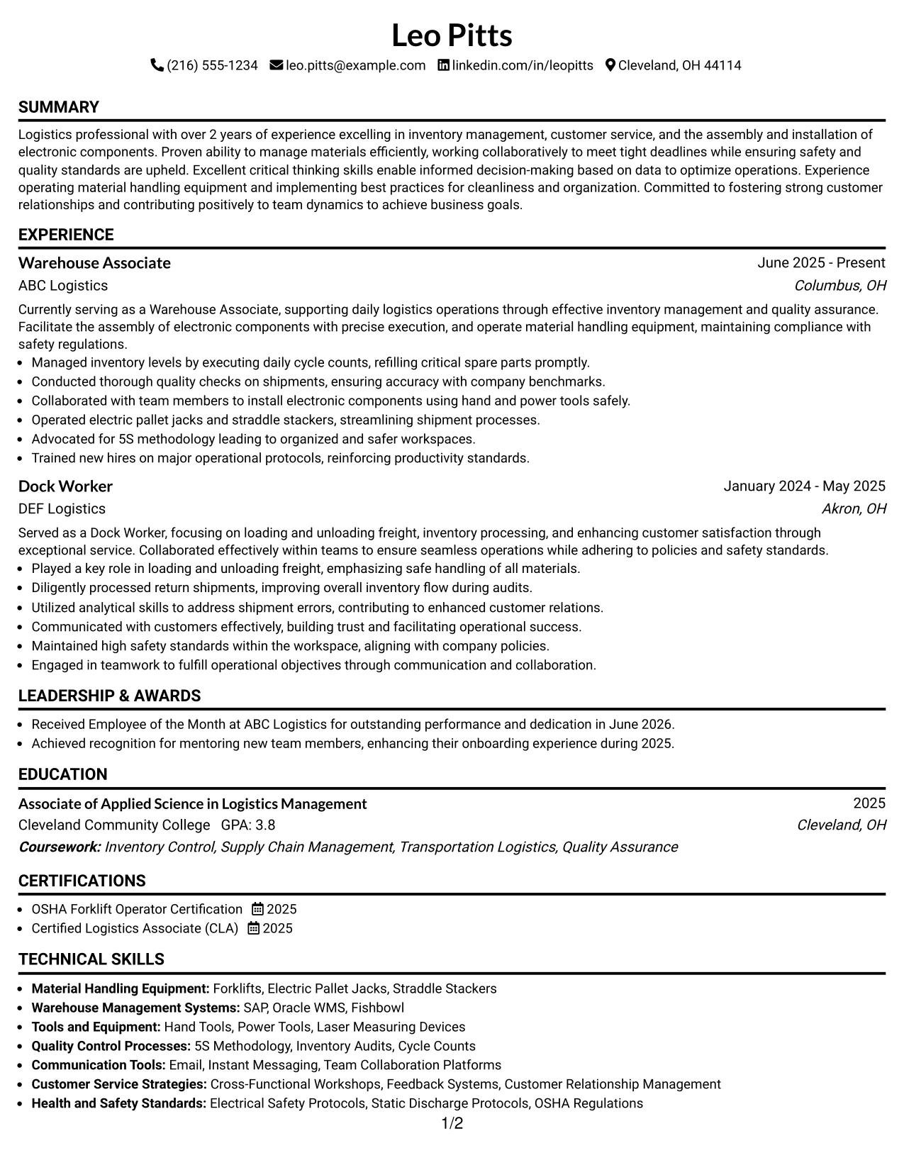 Resume Example Page 1