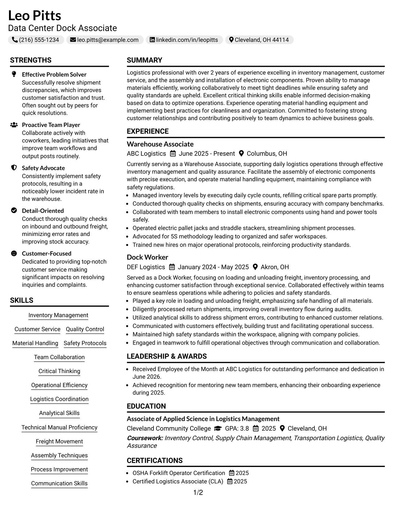 Resume Example Page 1