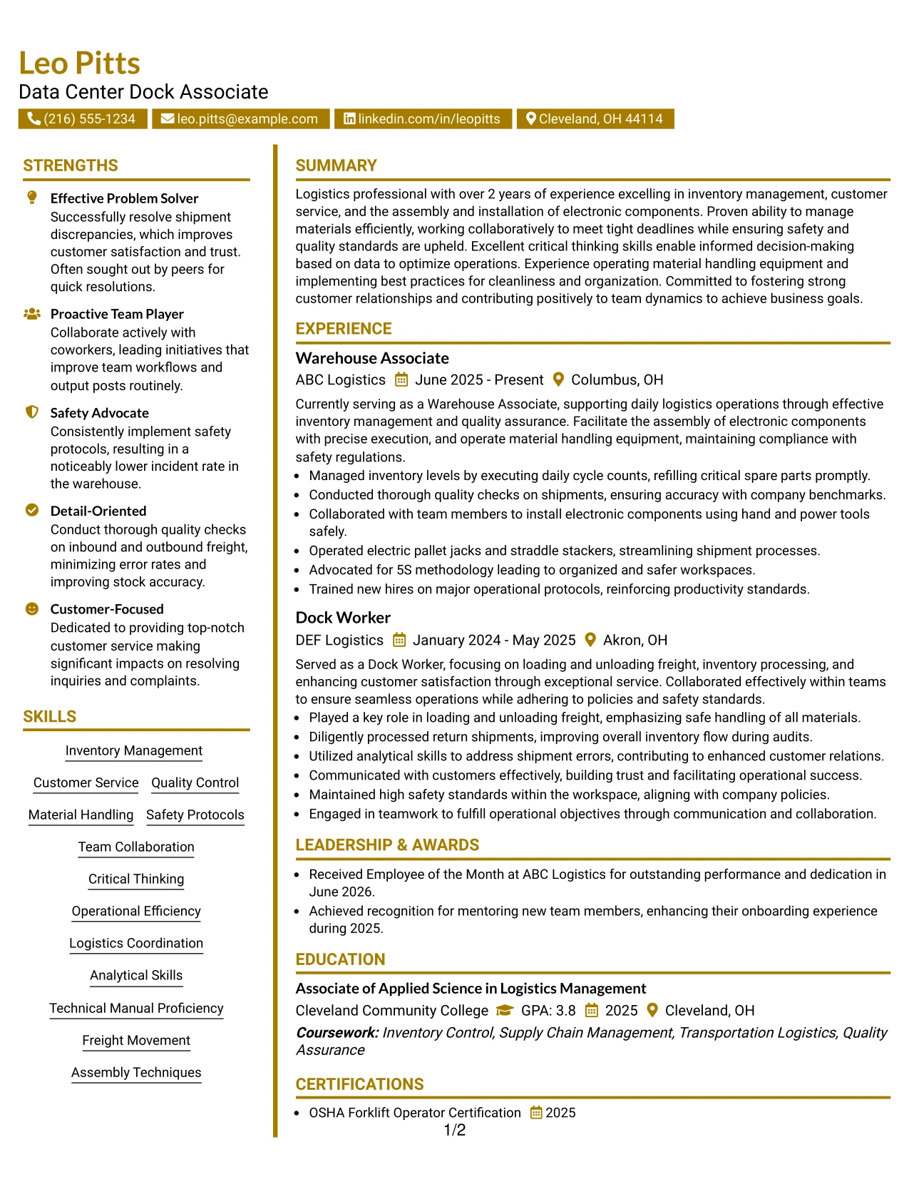 Resume Example Page 1