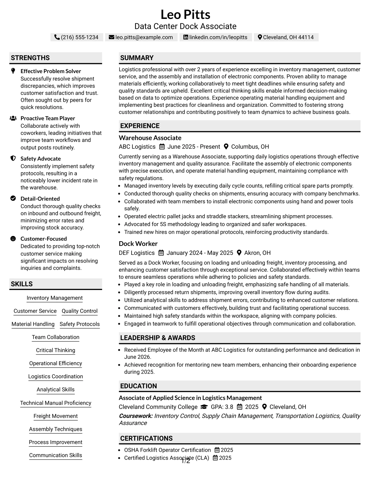 Resume Example Page 1