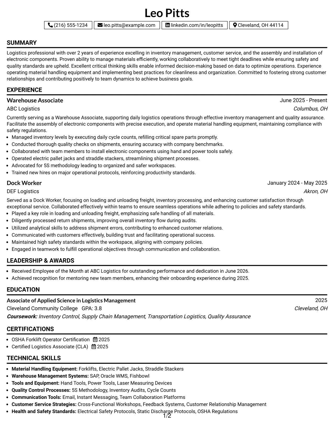 Resume Example Page 1