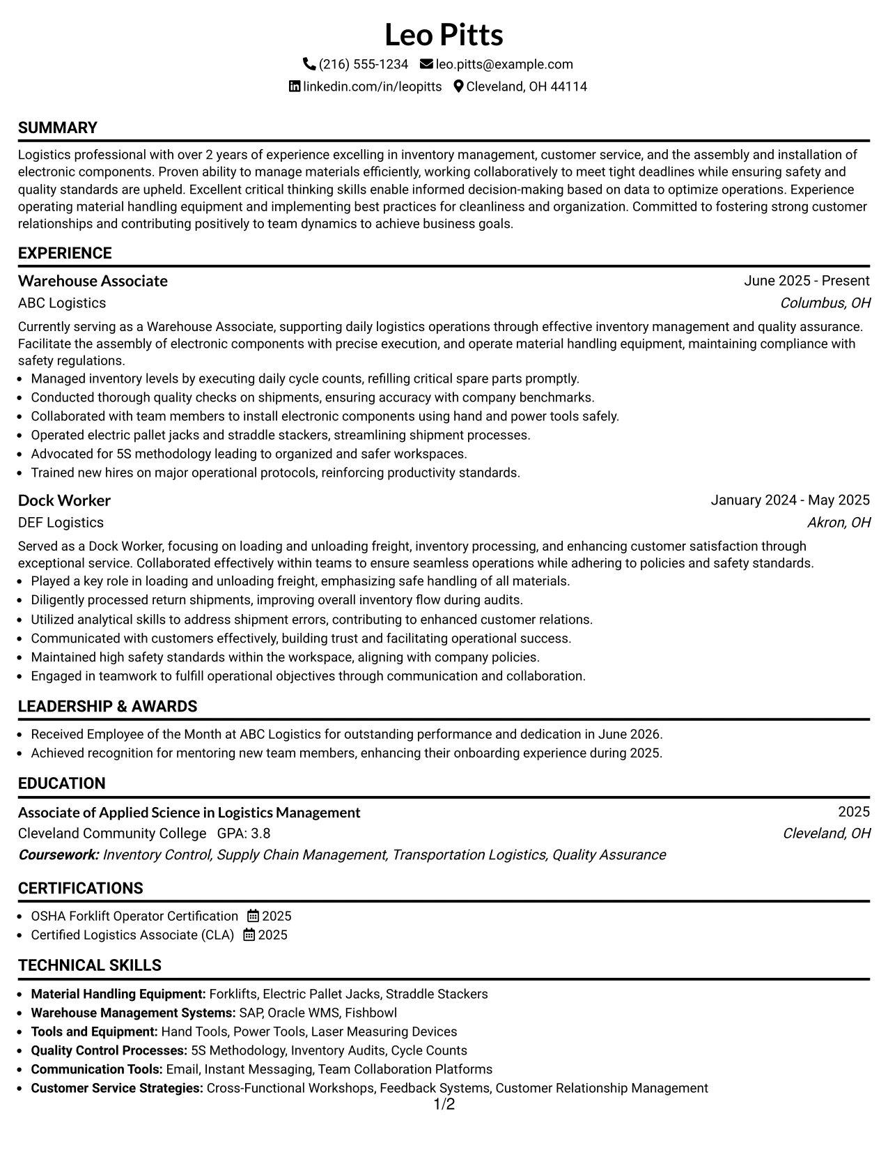 Resume Example Page 1