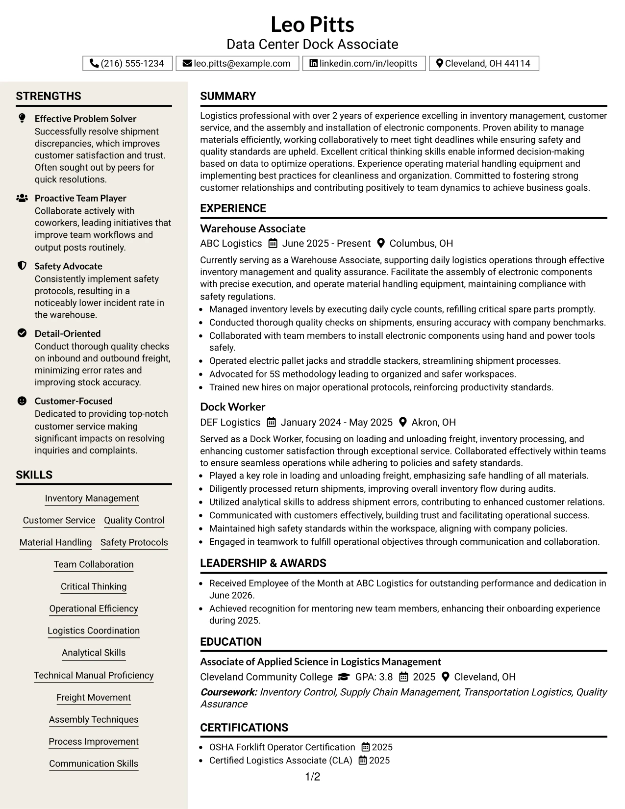 Resume Example Page 1