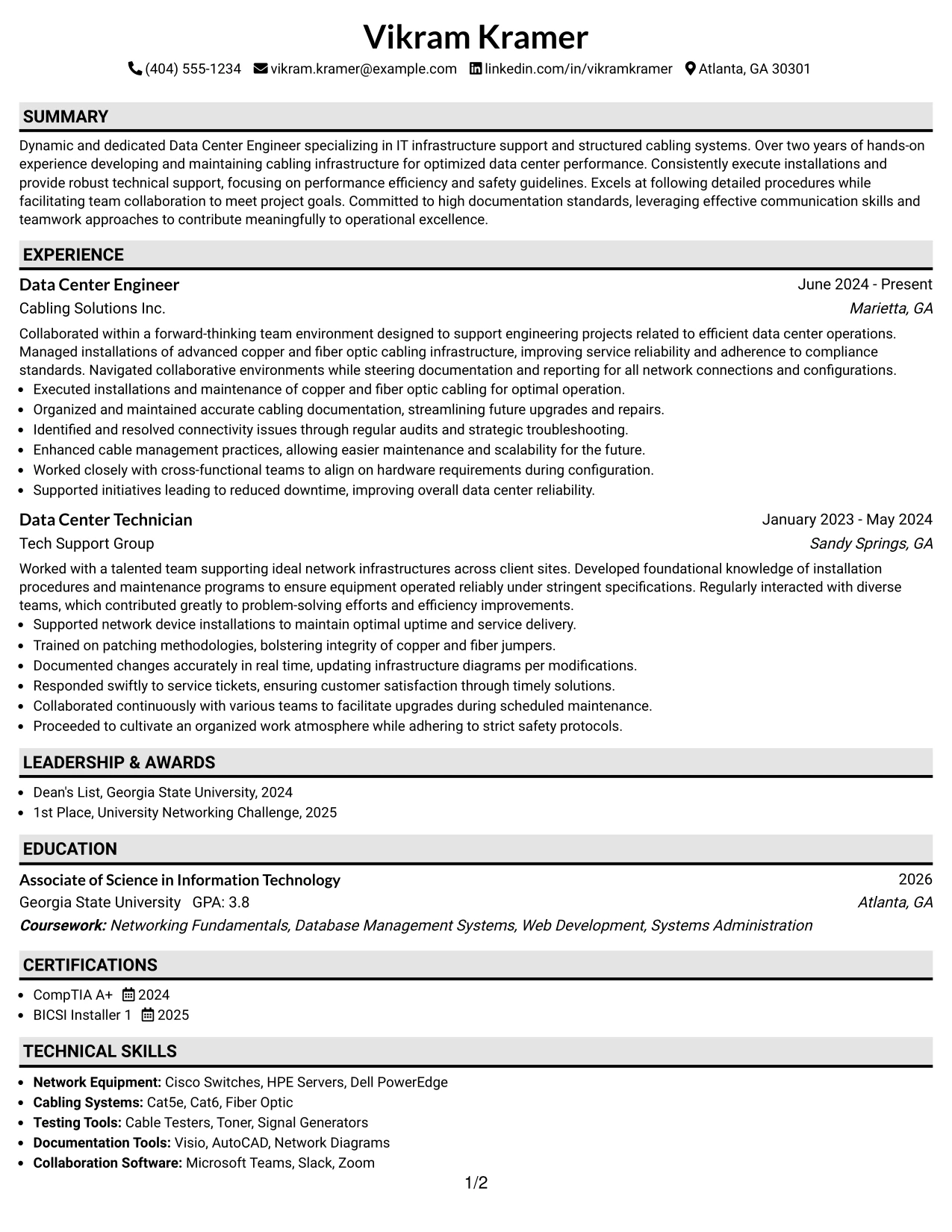 Resume Example Page 1