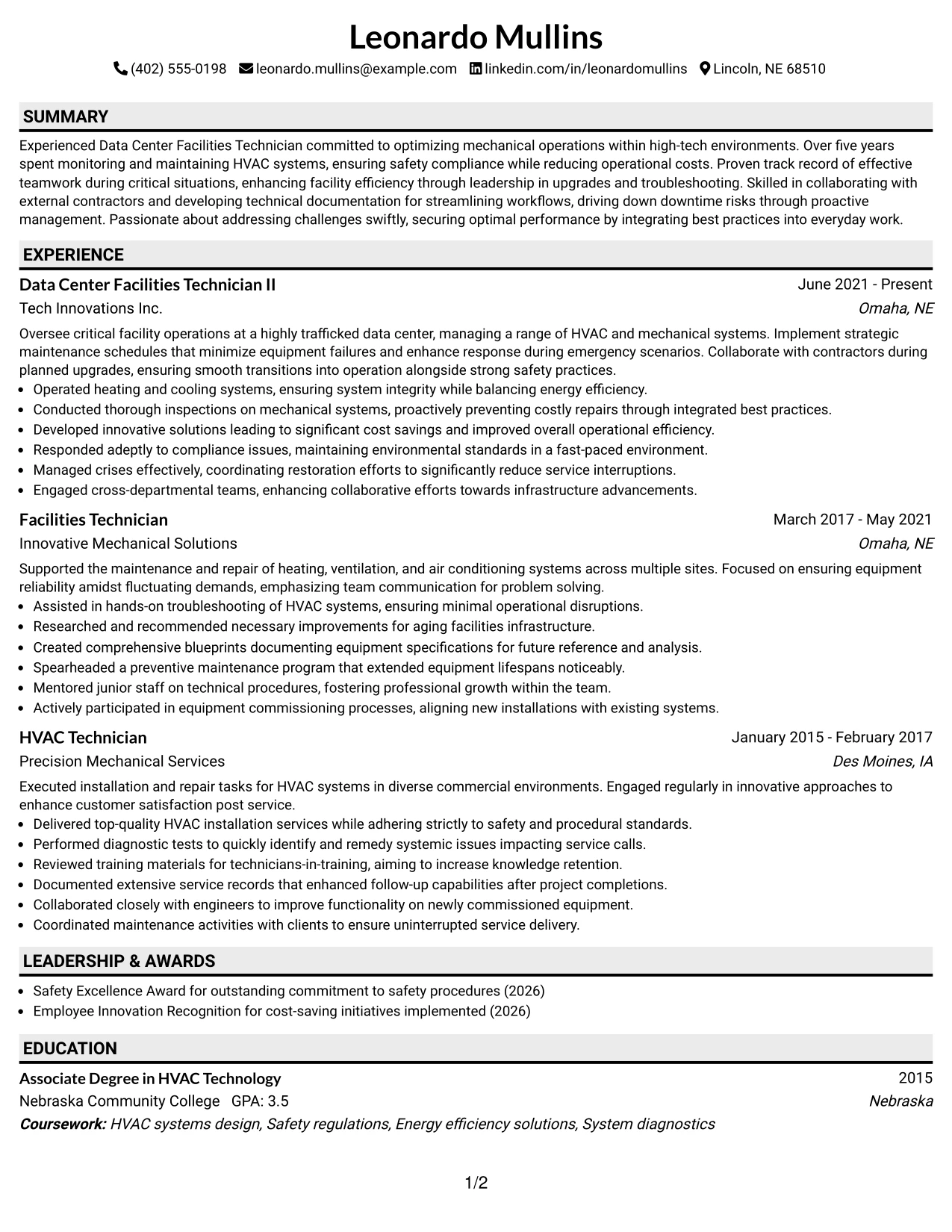 Resume Example Page 1