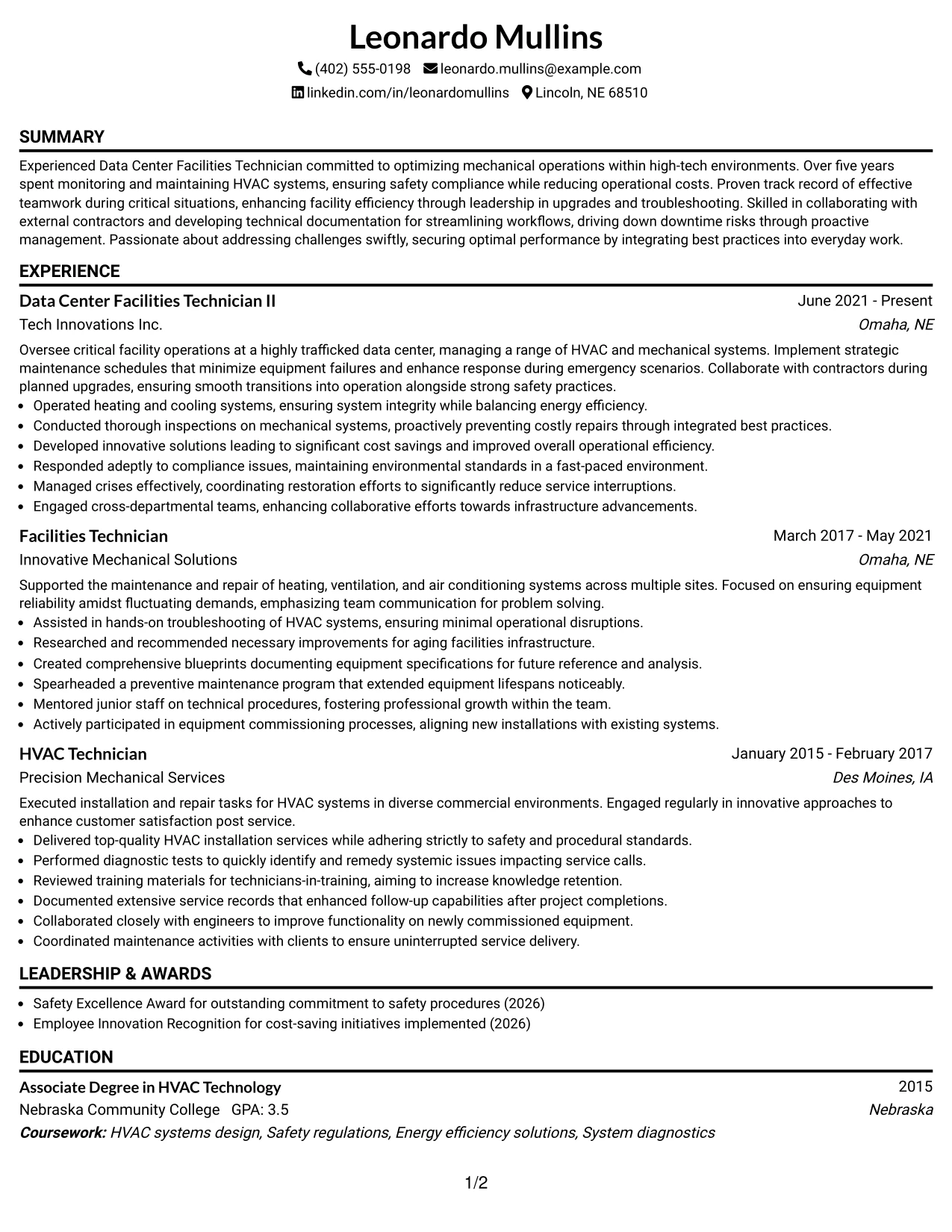 Resume Example Page 1
