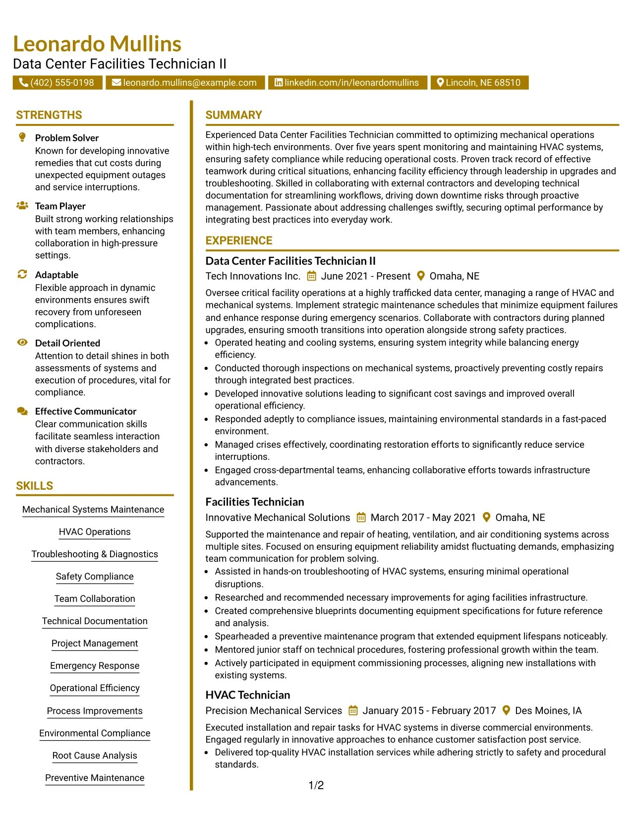 Resume Example Page 1