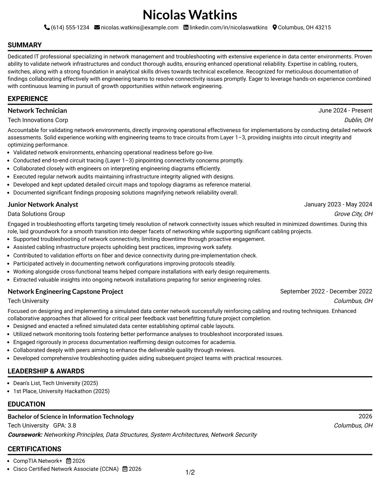 Resume Example Page 1