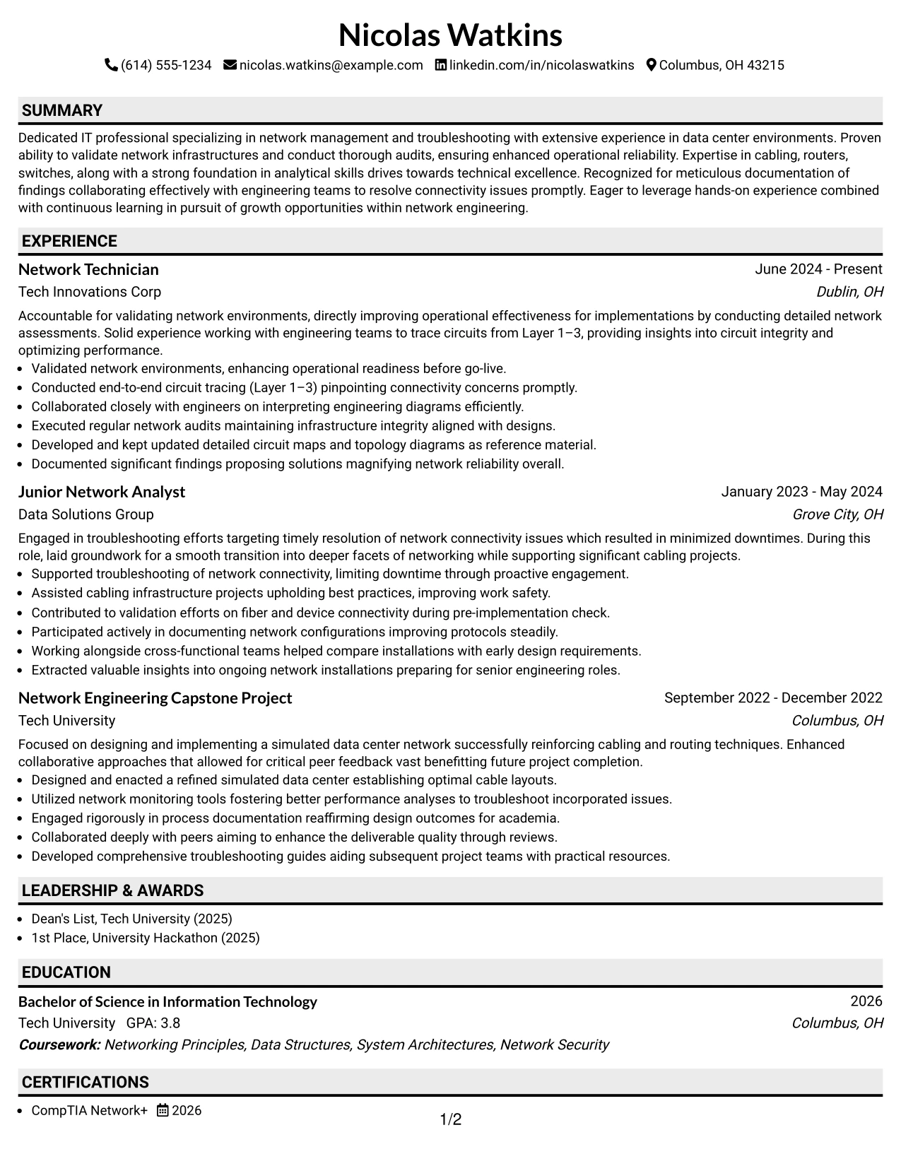 Resume Example Page 1