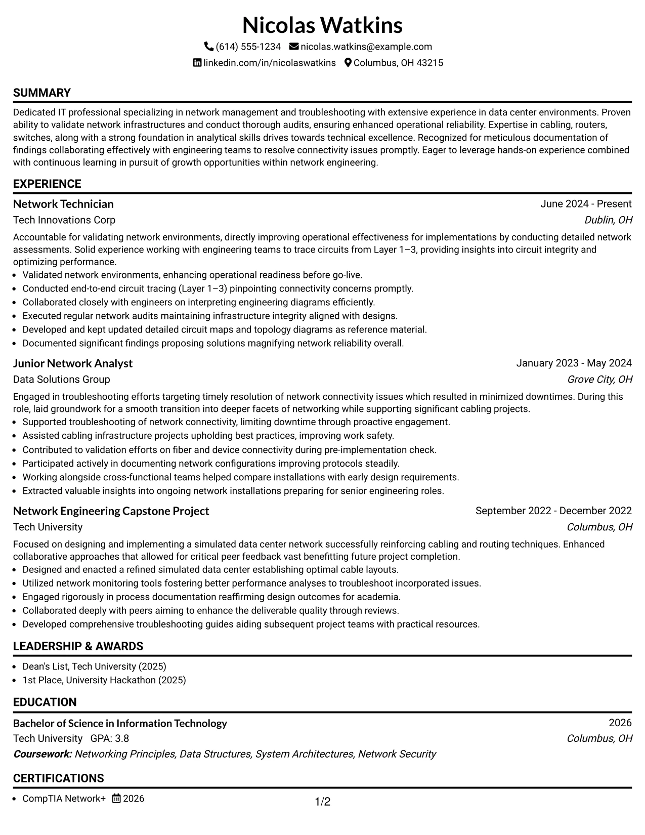 Resume Example Page 1