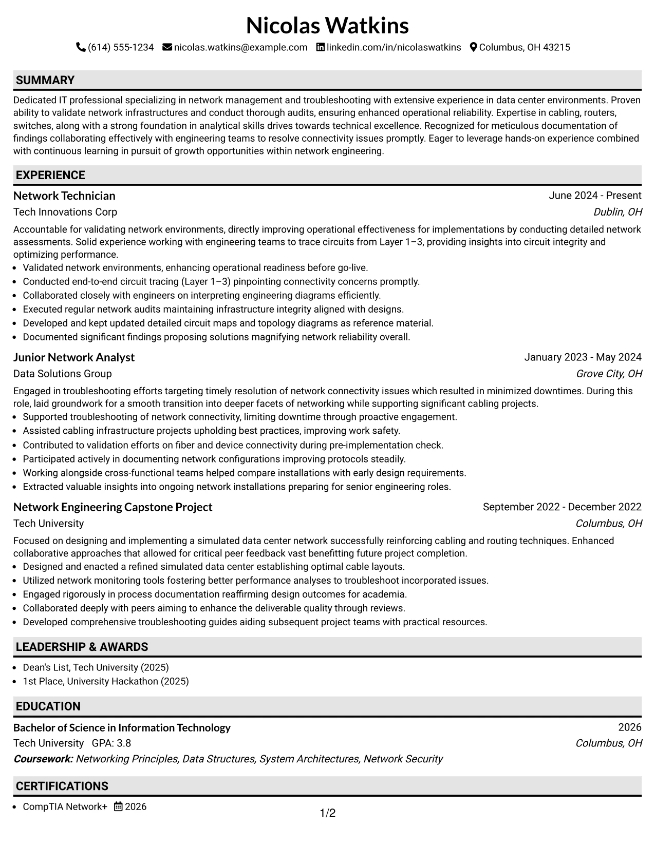 Resume Example Page 1