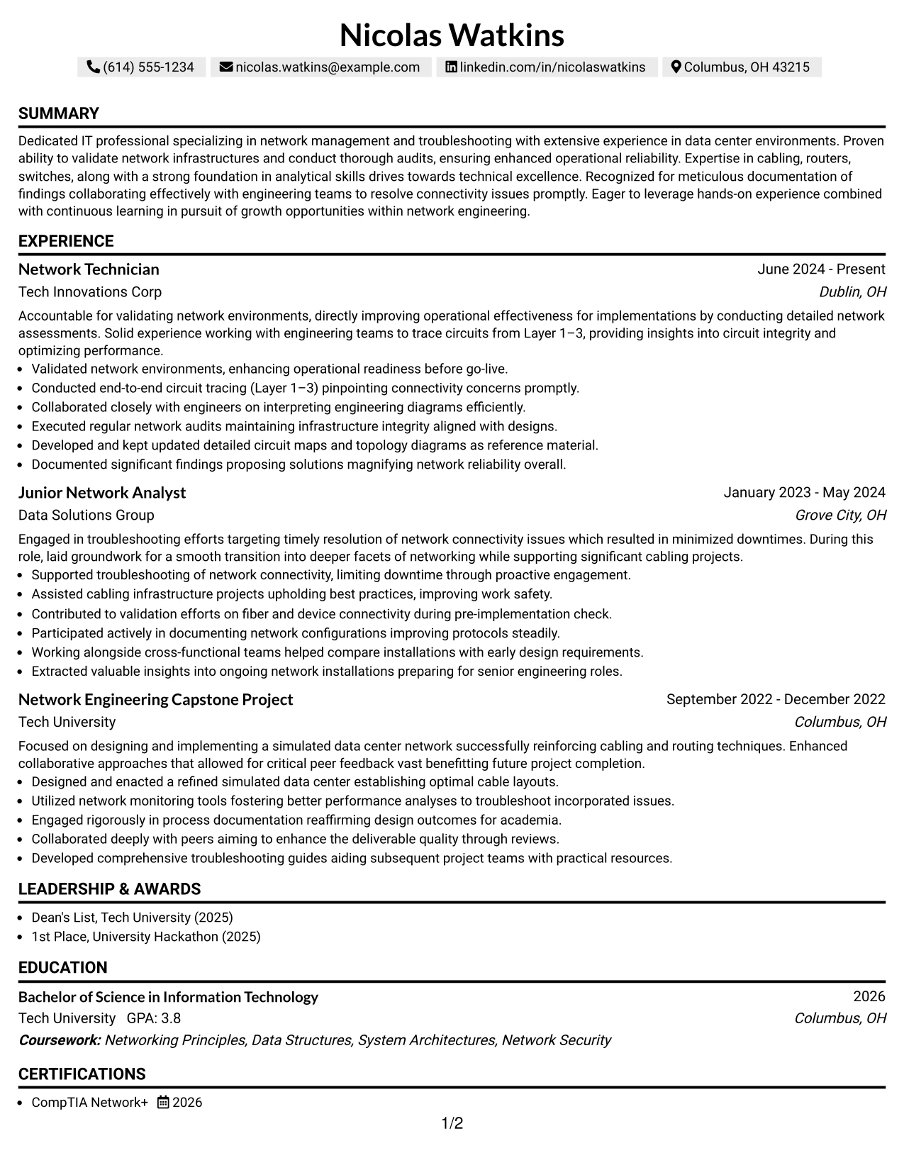 Resume Example Page 1