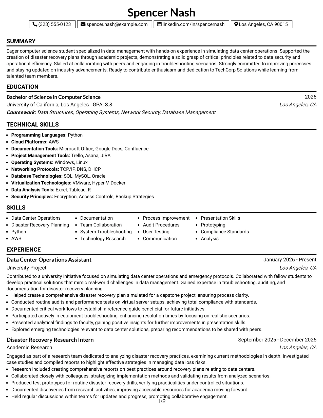 Resume Example Page 1