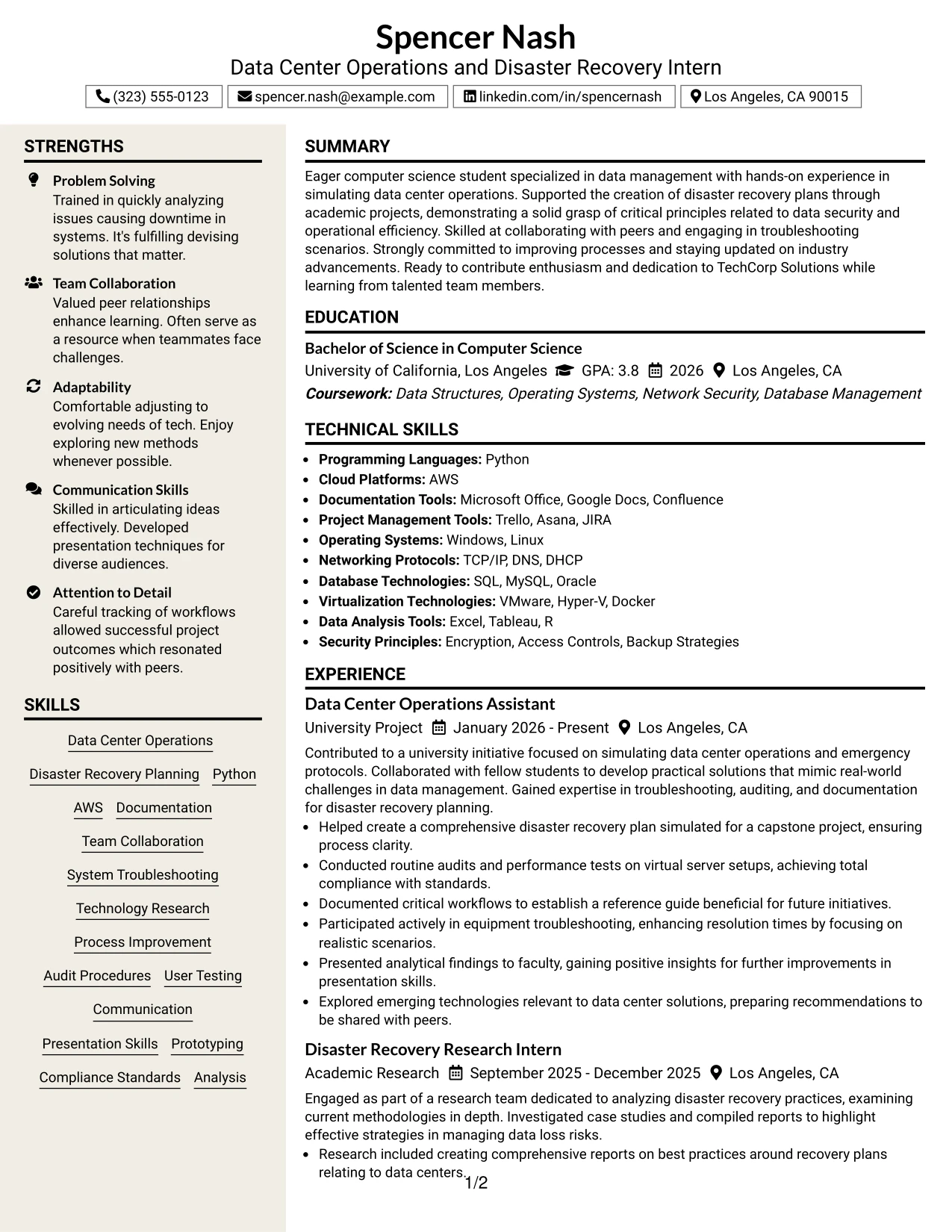 Resume Example Page 1