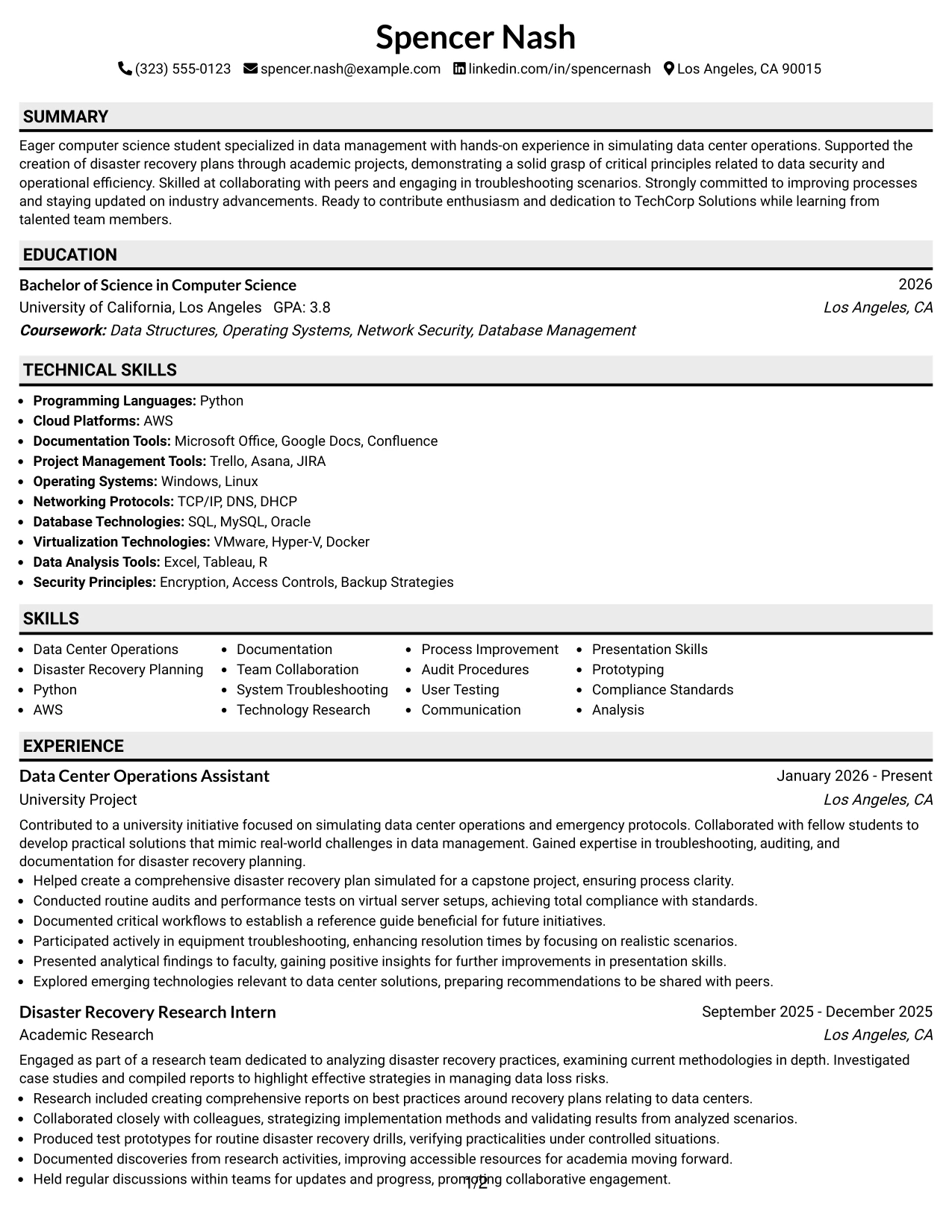 Resume Example Page 1